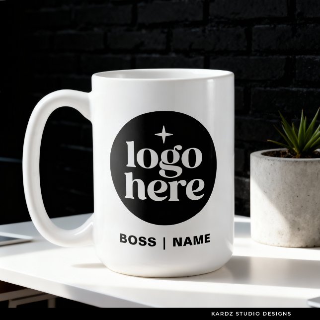 Modern Branded Logo Employee Coffee Mug Kaffemugg (Mug shown in 15 oz. Add your logo and name, website, or tagline. Choose size and mug style.)