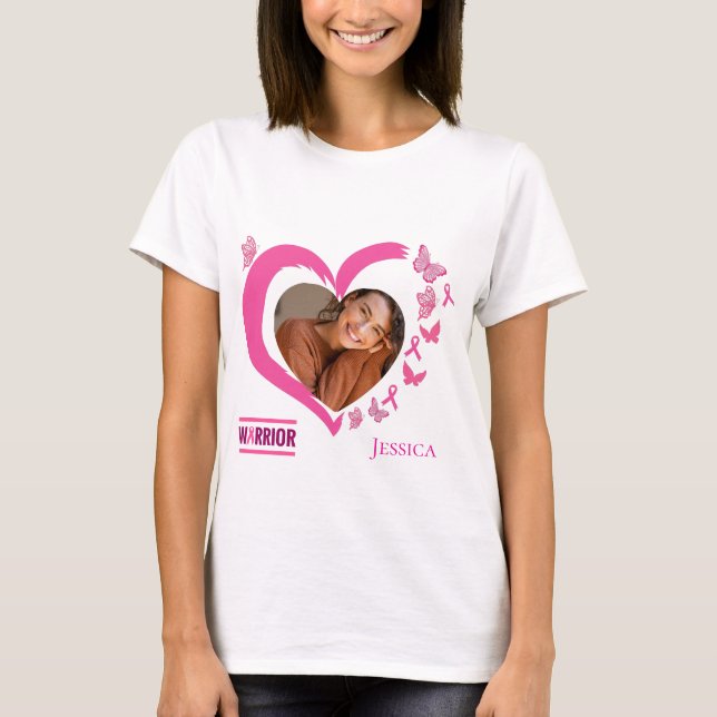 Modern Breast Cancer Warrior Photo Namn T Shirt (Framsida)