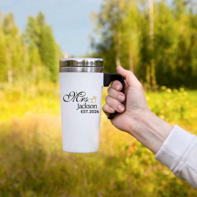 Modern Bride Name Wedding Ring Date Black Text Resemugg (Wedding bride name travel mug)