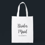 Modern Bridesmaid Bachelorette Template Womens Återanvändbar Påse<br><div class="desc">Anpassningsbar Snyggt Image Photo Logotyp Script Text Namn Elegant Modern Template Womens Bridesmaid Bröllop Bachelorette Black & White Reusable Matkasse.</div>