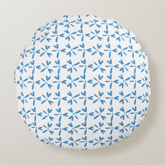 Modern Bright Blue Floral Pattern Round Pillow Rund Kudde (Framsidan)