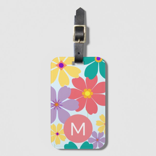 Modern Bright Cheerful Flower Mönster Monogrammed Bagagebricka (Framsida vertikal)