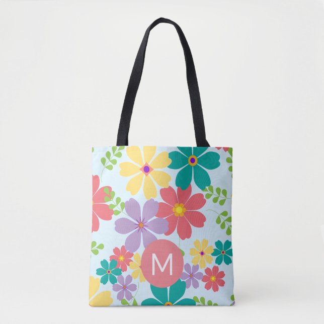 Modern Bright Cheerful Flower Mönster Monogrammed Tygkasse (Framsida)