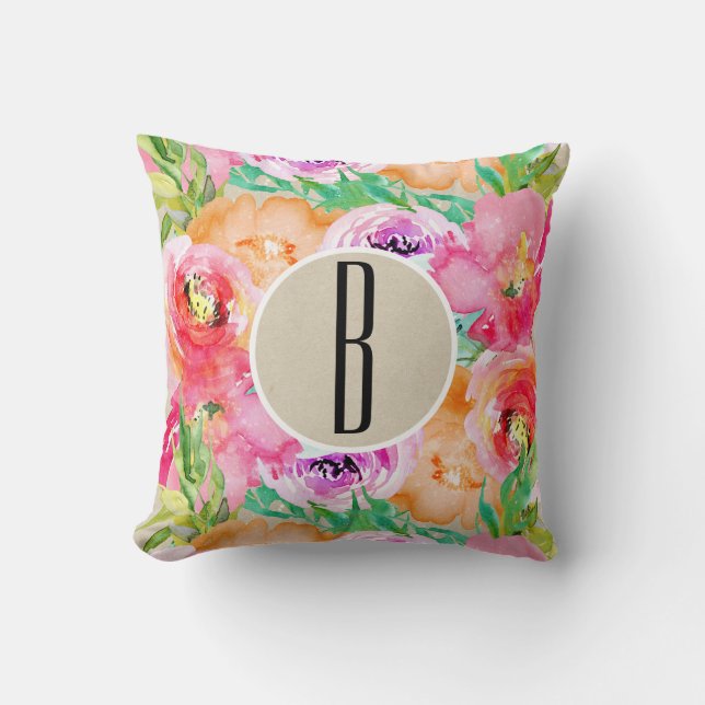 Modern Bright Colorful Blommigt Watercolor Kraft Kudde (Framsida)