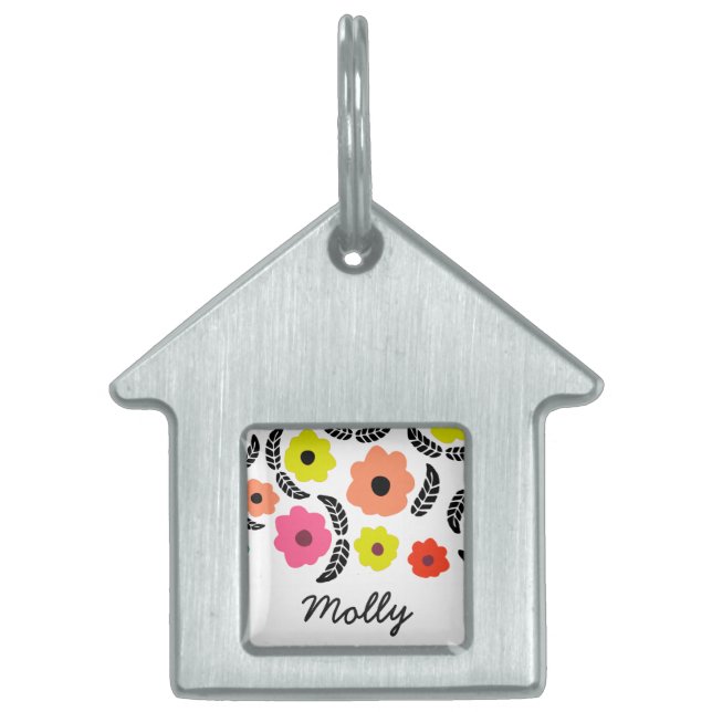 Modern Bright Flowers and Black Löv Personlig ID-bricka Husdjur (Framsidan)