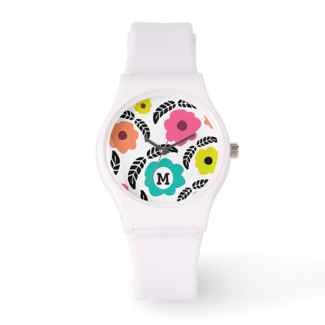 Modern Bright Flowers och Black Löv Monogram Armbandsur (Framsida)