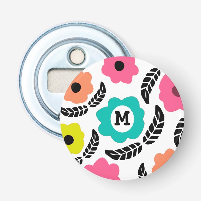 Modern Bright Flowers och Black Löv Monogram Flasköppnare (Framsidan)