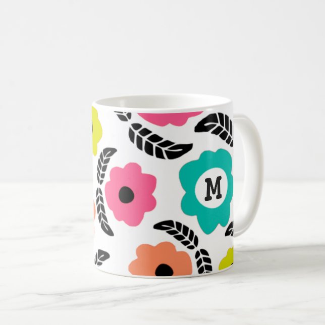 Modern Bright Flowers och Black Löv Monogram Kaffemugg (Framsida höger)
