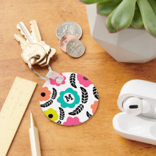 Modern Bright Flowers och Black Löv Monogram Nyckelring