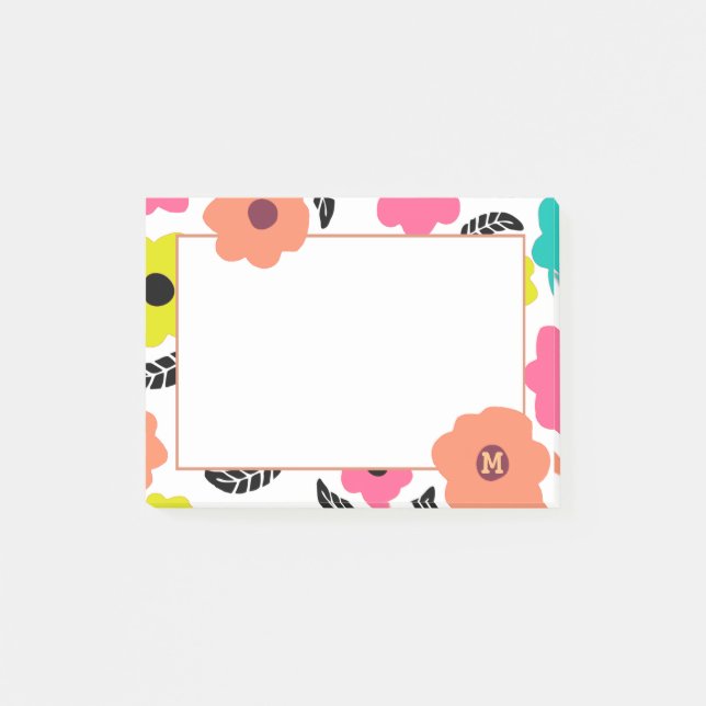 Modern Bright Flowers och Black Löv Monogram Post-it Block (Framsida)