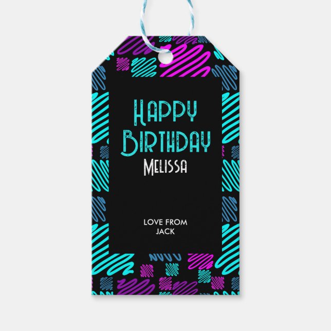 Modern Bright Neon Geometric Mönster-födelsedag Presentetikett (Framsidan)