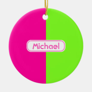Modern Bright Neon Rosa Grönt Monogram Julgransprydnad Keramik