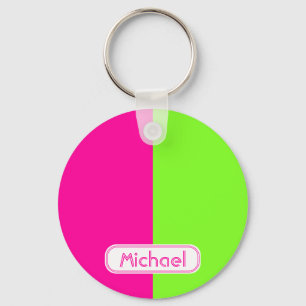 Modern Bright Neon Rosa Grönt Monogram Nyckelring