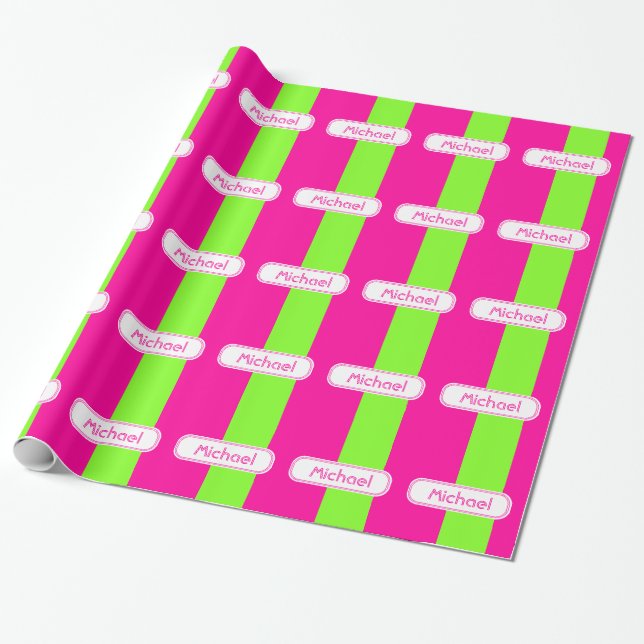 Modern Bright Neon Rosa Grönt Monogram Presentpapper (Utrullad)