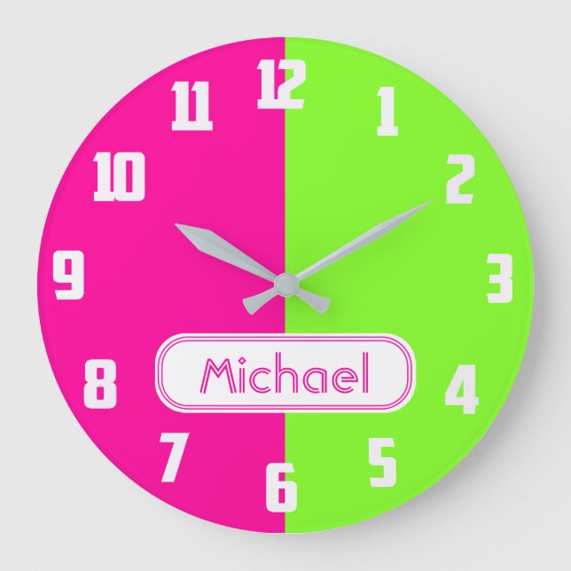 Modern Bright Neon Rosa Grönt Monogram Stor Klocka (Framsida)