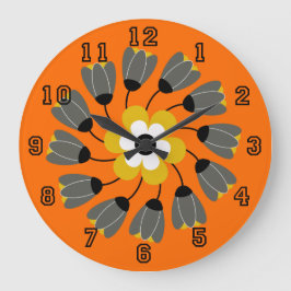 Modern Bright Orange Round Blommigt Swirl Stor Klocka