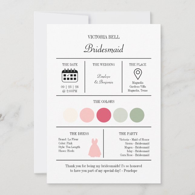 Modern Bright Pink Bridesmaid Information Card Inbjudningar (Framsida)
