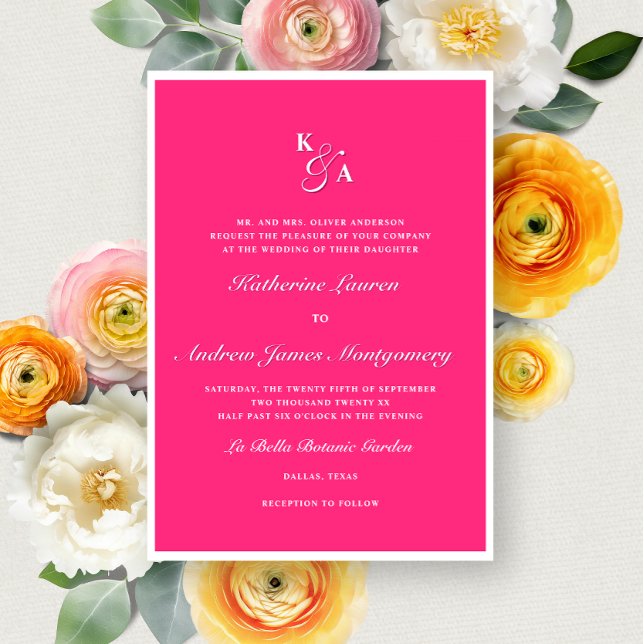 Modern Bright Shock rosa Monogram Formell Bröllop Inbjudningar (Skapare uppladdad)