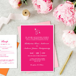 Modern Bright Shock rosa & White Monogram Bröllop  Inbjudningar