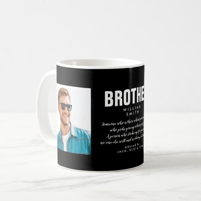 Modern broder, citat fotosvart och vitt kaffemugg (Framsida vänster)