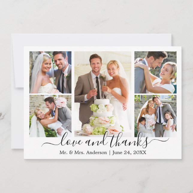 Modern Bröllop 5-foto av Trendig Calligraphy Scrip Tack Kort (Framsida)