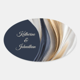 Modern Bröllop-Blue White och Guld Ovalt Klistermärke