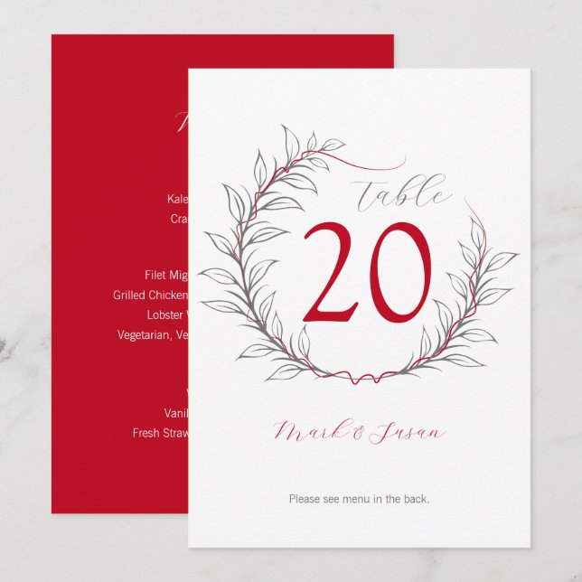 Modern Bröllop Bordsnummer & Menu (röd) (Fram/baksida)