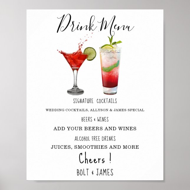 Modern bröllop-cocktails på dryckesmenyn, illustra poster (Framsidan)
