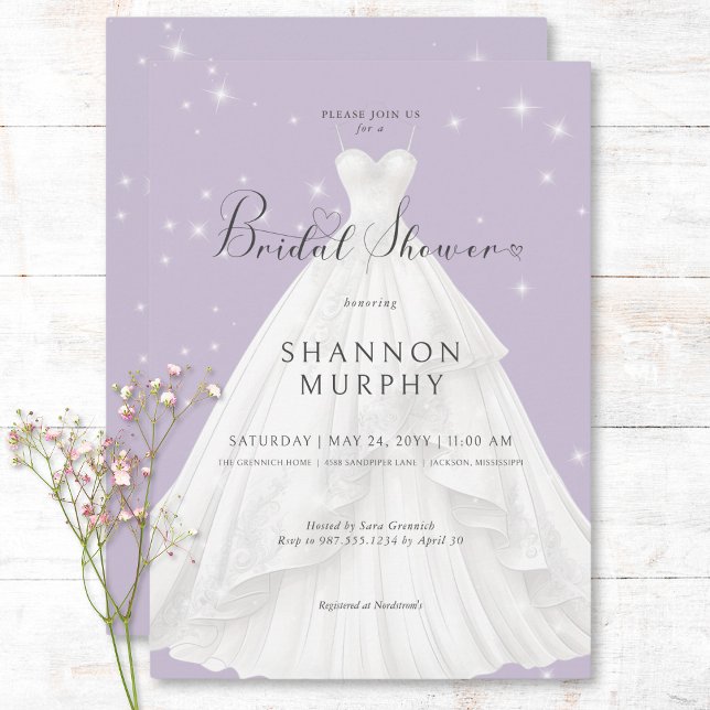 Modern Bröllop Dress Lila Gnistra Möhippa Inbjudningar (Modern Wedding Dress Purple Sparkle Bridal Shower Invitation)