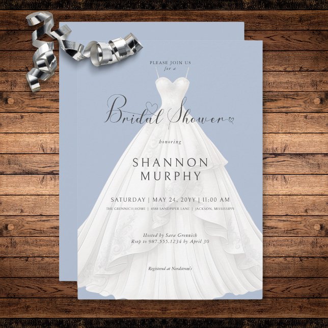 Modern Bröllop Dress på blå Möhippa Inbjudningar (Modern Wedding Dress on Blue Bridal Shower Invitation)