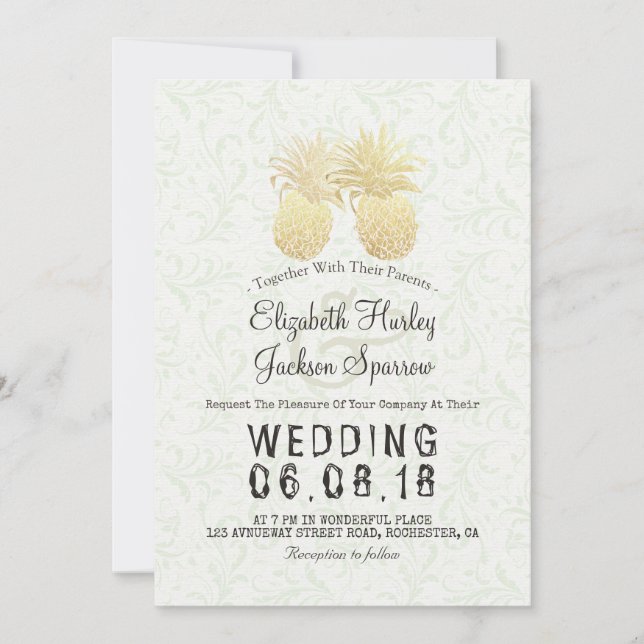Modern Bröllop Elegant Gulfoljepananas par Inbjudningar (Framsida)