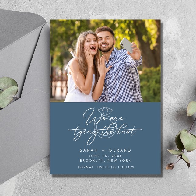 Modern Bröllop-fotoblå Spara datum Meddelande (Modern Wedding Photo Blue Save the Date)