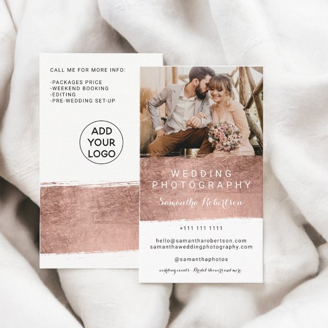 Modern bröllop-fotografi ro guld-penseldrag visitkort (Modern wedding photography rose gold brushstroke business card)