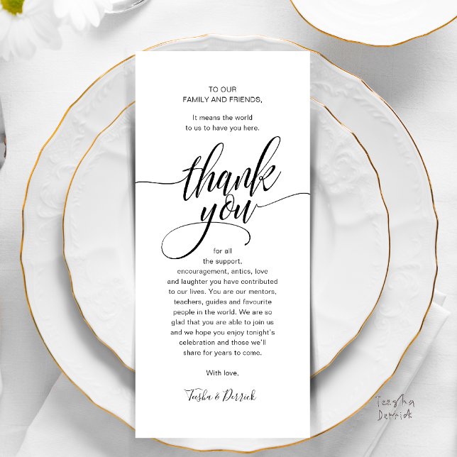 Modern Bröllop-gästmålare för skript, Tack Program (Modern Script Wedding Guest Dinner Reception Brunch Lunch Thank You Card in Black and White)