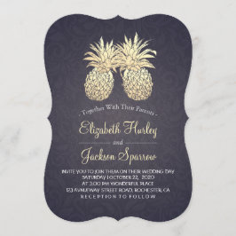 Modern Bröllop Golden Pineappes par Blå marinblå p Inbjudningar