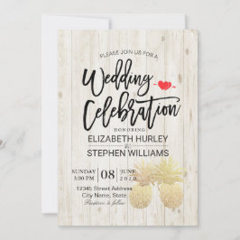 Modern Bröllop Golden Pineapple Couple Rustic Wood Inbjudningar