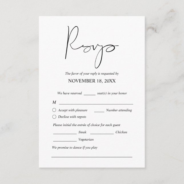 Modern Bröllop-Inbjudningskort för middagskort i O Tilläggskort (Framsida)