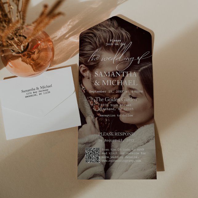 Modern Bröllop med QR Code OSA Photo (All-in-one wedding invitation with QR code to RSVP - Simplify and save time for you and your guests.)