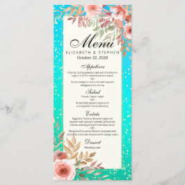 Modern Bröllop Menu Rosa Blommigt Teal Guld Confet Meny