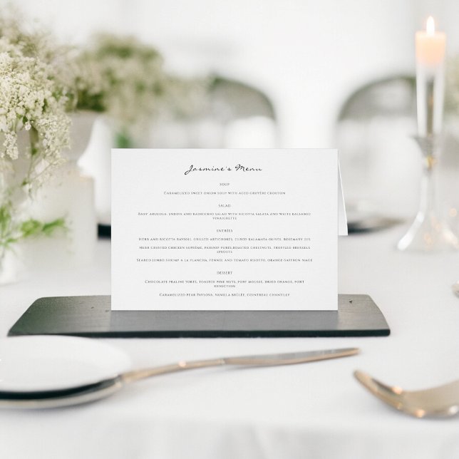 Modern bröllop-menykort och montera kortet i ett hälsningskort (let yours gusts know what theyre having for their meal with guest meal signs )