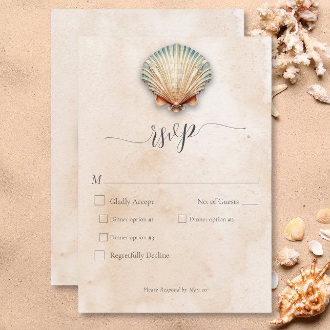 Modern Bröllop-middag för kustsnuset Sand OSA Kort (Modern Coastal Seashell Sand Wedding Dinner RSVP Card)