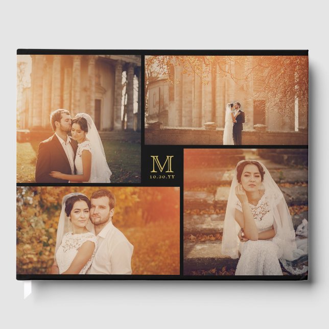 Modern Bröllop Monogram 4 Photo Collage Guest Bok (Framsida)