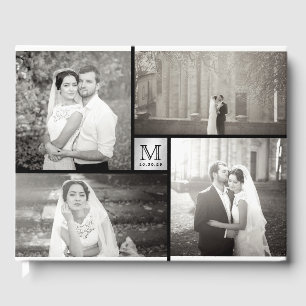 Modern Bröllop Monogram 4 Photo Collage Guest Bok