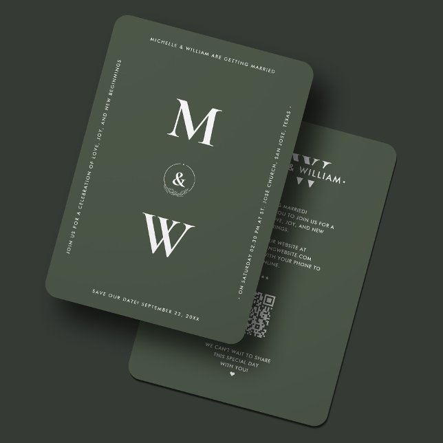 Modern Bröllop Monogram Moss Grönt Enkel för Spara Datumet (Modern Wedding Monogram Moss Green Minimalist Save The Date
)