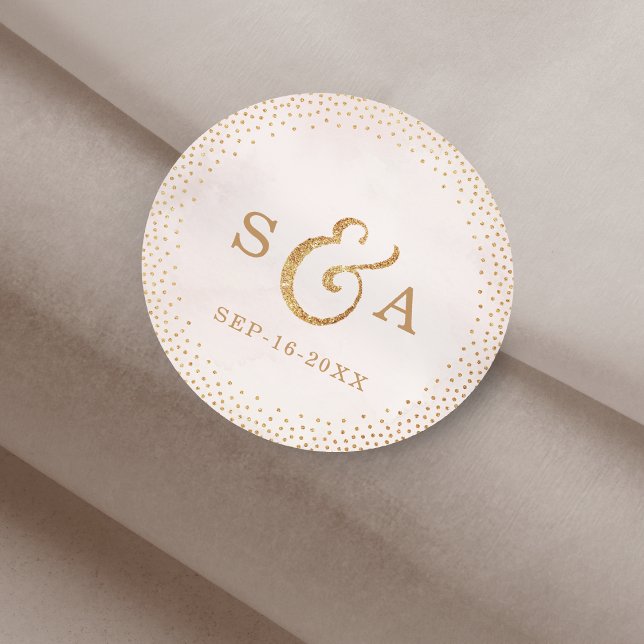 Modern  bröllop-monogrammet glitter guld ro i runt klistermärke (Modern blush glitter rose gold wedding monogram classic round sticker)