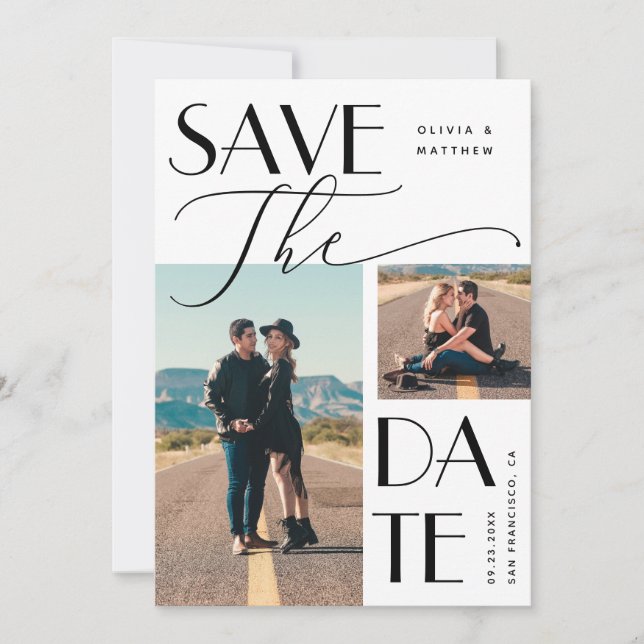 Modern Bröllop | Multi Foto Djärv Typografi Spara Datumet (Framsida)