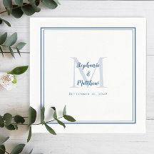 Modern Bröllop Namn & Date Monogram Blue White