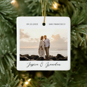 Modern Bröllop Newlyweds Par Photo Julgransprydnad Keramik