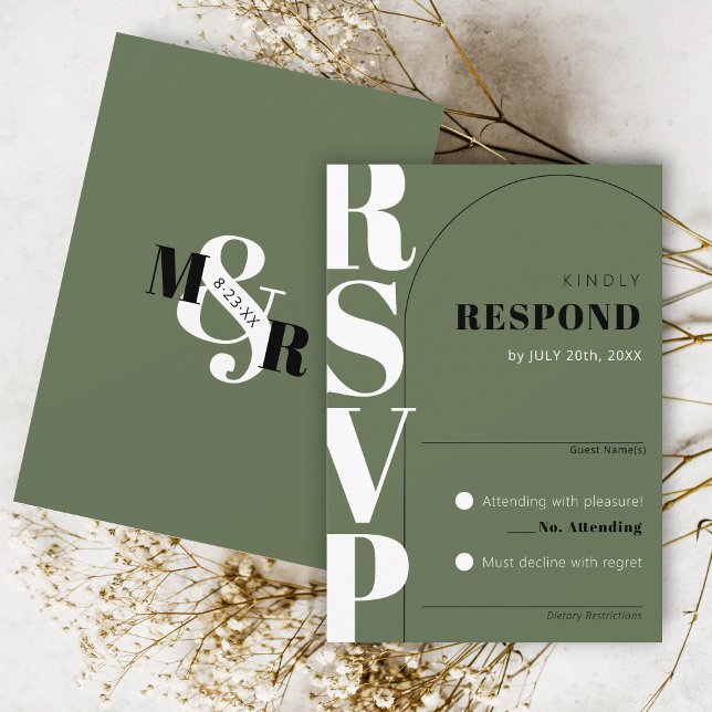 Modern Bröllop OSA för Mörk grönt Ampersand-bild Kort (Classy arch matching olive green modern wedding invitation RSVP card ampersand monogram black white)