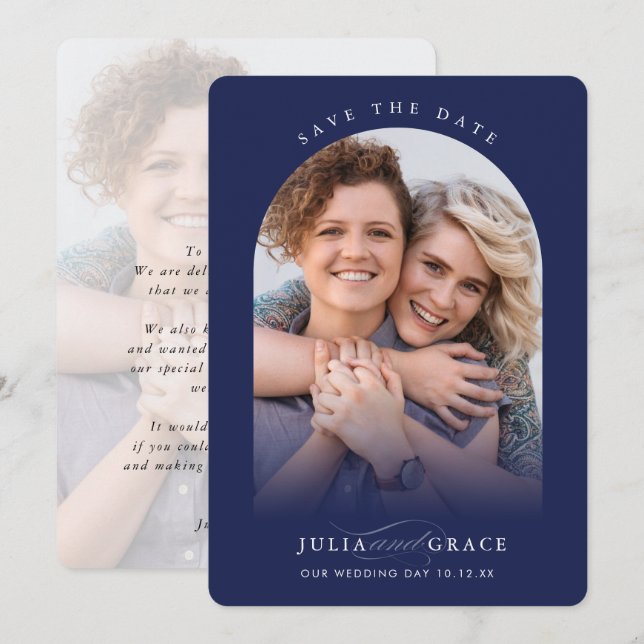 MODERN BRÖLLOP par fotoarch calligraphy navy Inbjudningar (Fram/baksida)